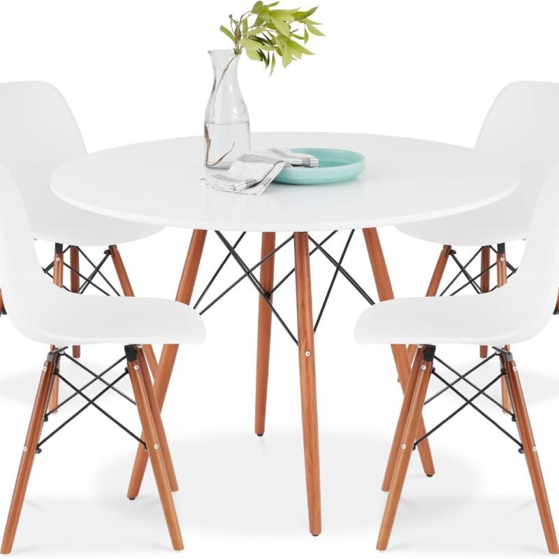 Best Choice Products 5-Piece Dining Set, Compact Mid-Century Modern Table & Chair Set for Home, Apartment w/ 4 Chairs, Plastic Seats, Wooden Legs, Metal Frame - Brown/White