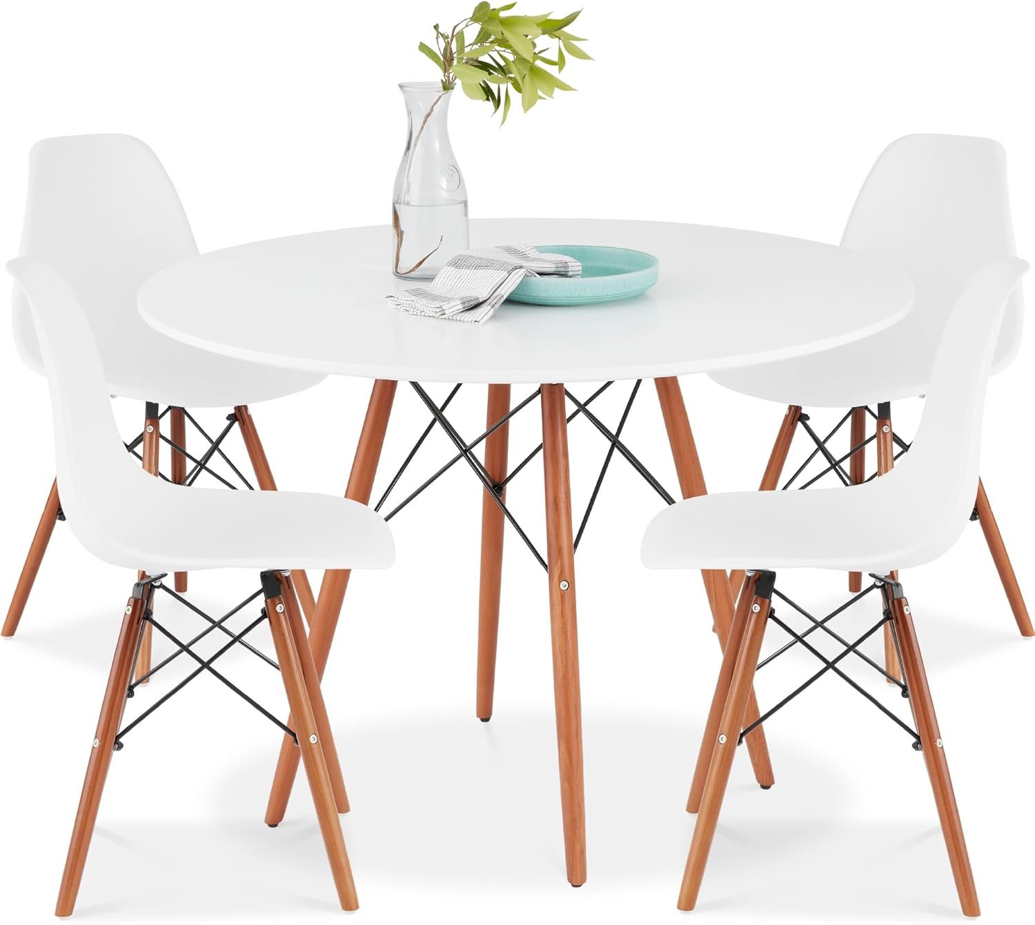 Best Choice Products 5-Piece Dining Set, Compact Mid-Century Modern Table & Chair Set for Home, Apartment w/ 4 Chairs, Plastic Seats, Wooden Legs, Metal Frame - Brown/White