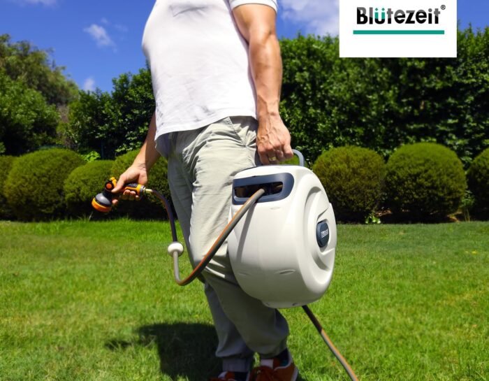 Blütezeit Retractable Garden Hose Reel, 1/2'' x 100ft Hose Reel Wall-Mount with 10-Function Spray Nozzle, Any Length Lock | 180° Swivel | Automatic Slow Rewind | Heavy Duty - Image 6