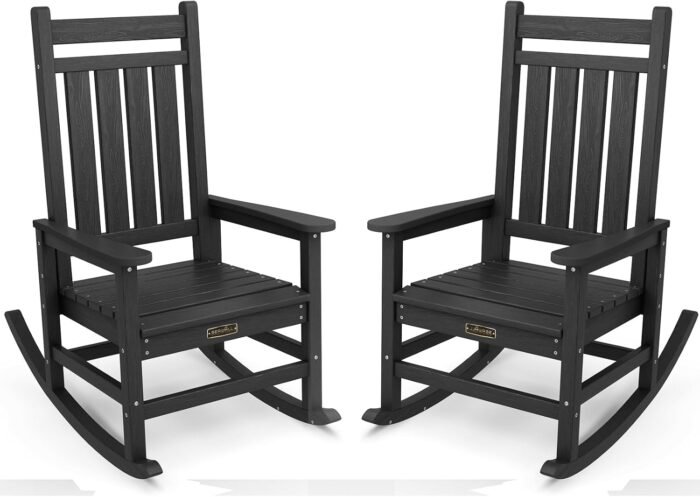 SERWALL Outdoor Rocking Chair Set of 2, HDPE Rocking Chairs for Adult, Black