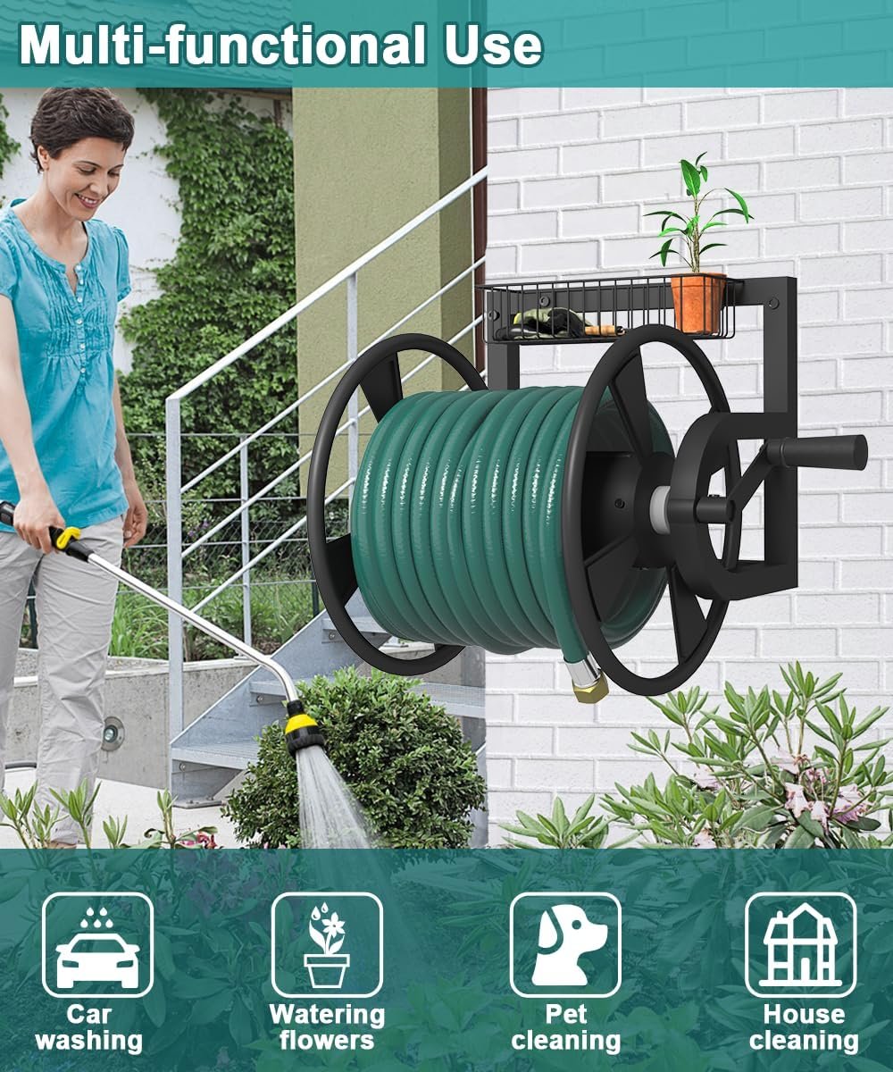 Garden Wall Mounted Hose Reel, Outdoor Heavy-Duty Water Hose Holder Winder, Holds 125 Feet of 5/8-Inch Hose, with 3.9 ft Leader Hose, Brass Fitting and Storage Basket for Yard, Black - Image 7