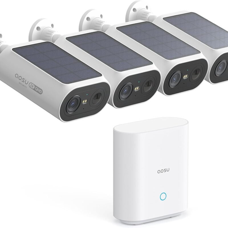 AOSU Solar Security Cameras Wireless Outdoor, 2Mins DIY Installation, No Subscription Cameras for Home Security System, Local Storage, 2K Color Night Vision for Surveillance, 2.4&5ghz WiFi, 4 Cam-kit