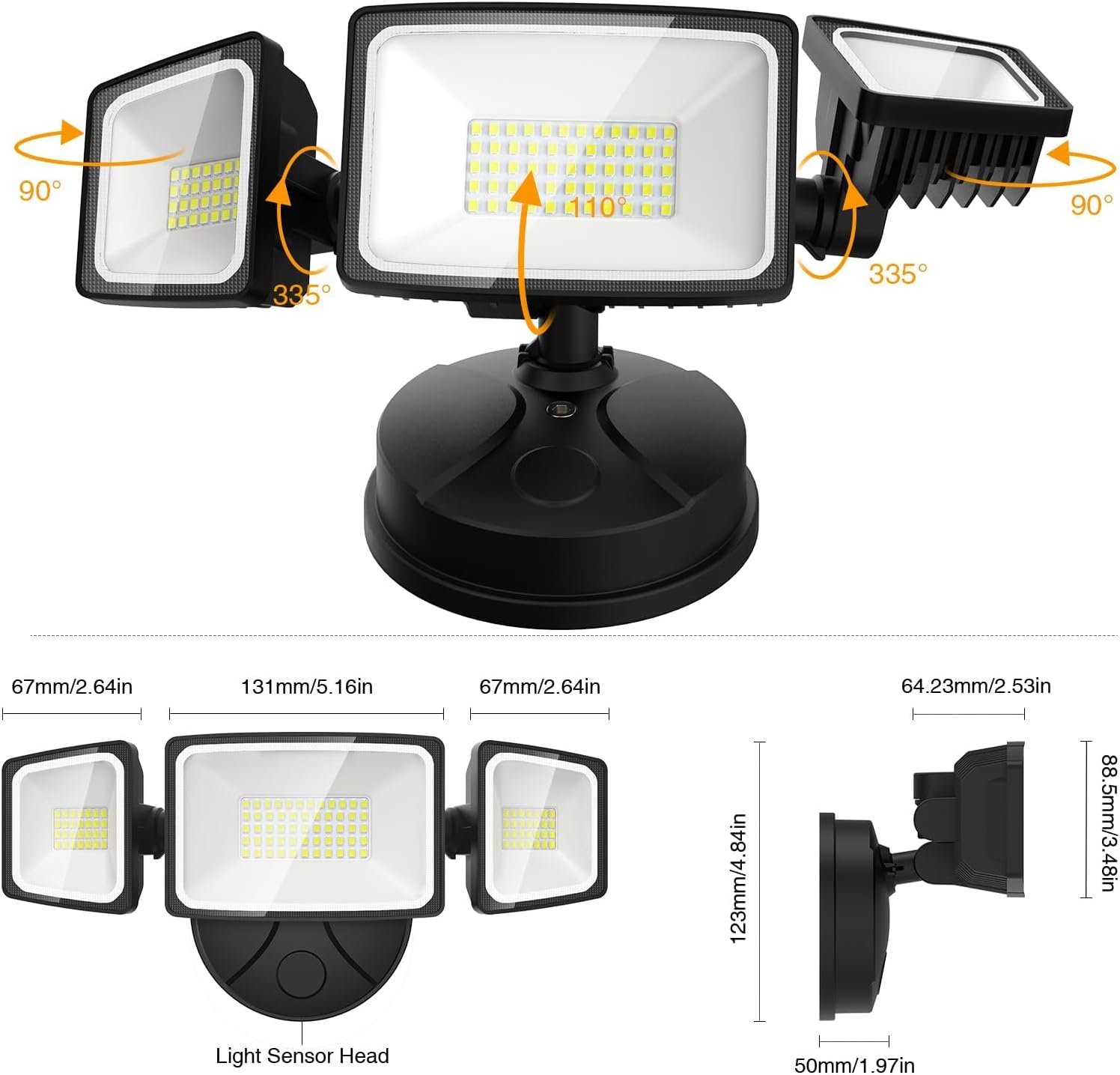Onforu 60W Flood Lights Outdoor, 6000LM Brightness Security Lights Switch Controlled, 3 Adjustable Heads, IP65 Waterproof, 6500K Wall Mount Exterior LED Flood Light - Image 5
