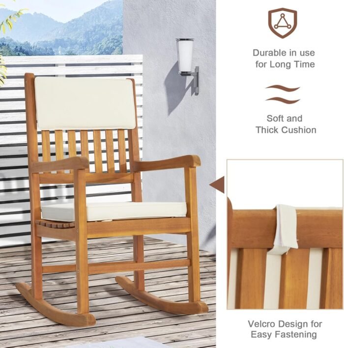 VINGLI Acacia Outdoor Rocking Chair with Cushions, Wooden Rocker Support 550 LBS for Indoors & Outdoors, 1 Pack - Image 6