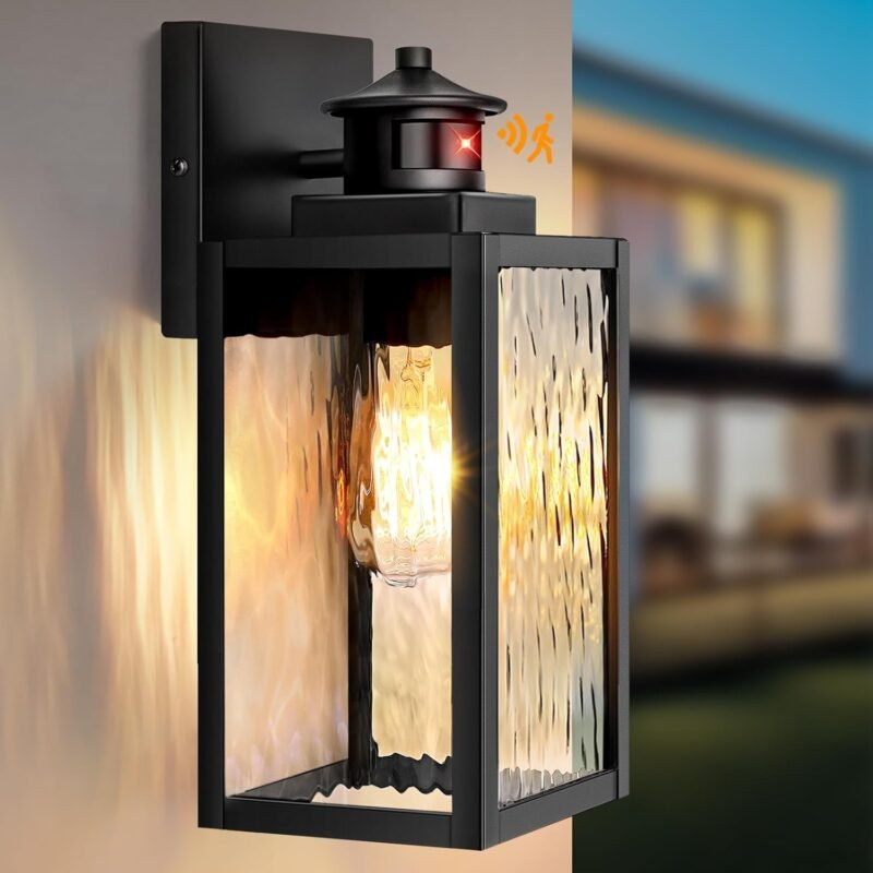 Motion Sensor Outdoor Lights Fixture, Dusk to Dawn Exterior Porch Light Wall Mount with Water-Rippled Glass, Black Modern Outside Wall Sconce Lanterns for House, Garage, Patio, Bulbs Not Included