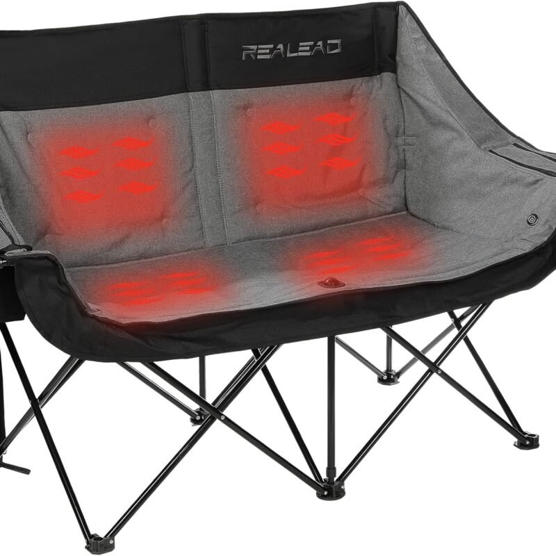 REALEAD Heated Double Camping Chair, 3 Heat Levels and 4 Heating Zones, Portable Heated Loveseat Chair for Outdoor Sports Support 650lbs, Heated Folding Chairs for Outside, Battery NOT Included