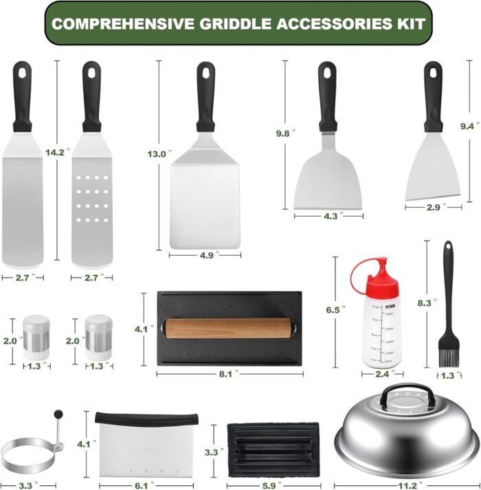 18PCS Griddle Accessories Kit, Flat Top Grill Accessories Set for Blackstone and Camp Chef, Grill Spatula Set with Enlarged Spatulas, Basting Cover, Scraper for Outdoor BBQ - Image 2