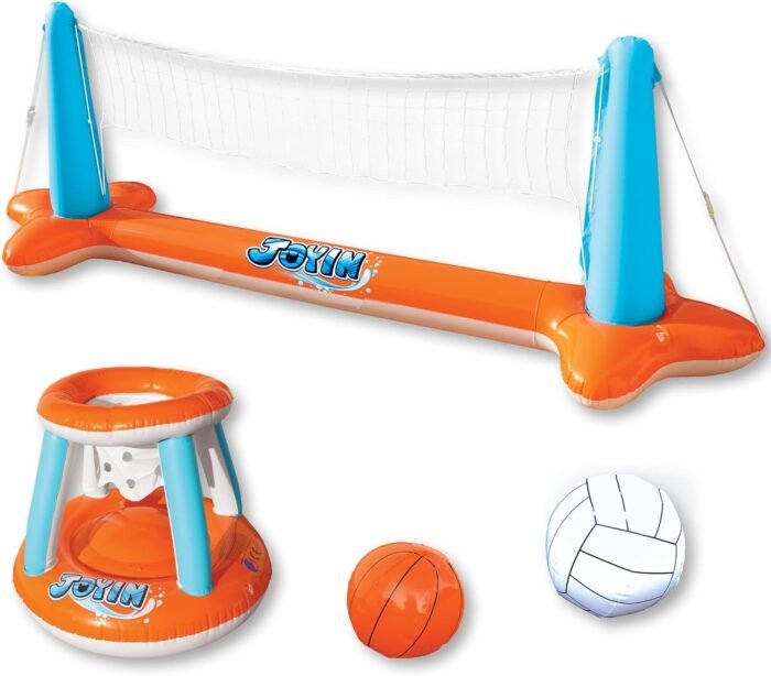 JOYIN Inflatable Pool Float Set Volleyball Net & Basketball Hoops, Floating Swimming Game Toy for Kids and Adults, Summer Floaties, Volleyball Court (105”x28”x35”)|Basketball (27”x23”x27”),L-Orange - Image 2