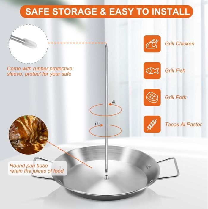 Al Pastor Skewer for Grill, Stainless Steel Vertical Skewer, Brazilian Vertical Spit Stand with 3 Removable Spikes(8”/10"/12”)& Brushes, for Tacos Al Pastor, Shawarma Kebabs Smoker Oven BBQ Dishes - Image 2