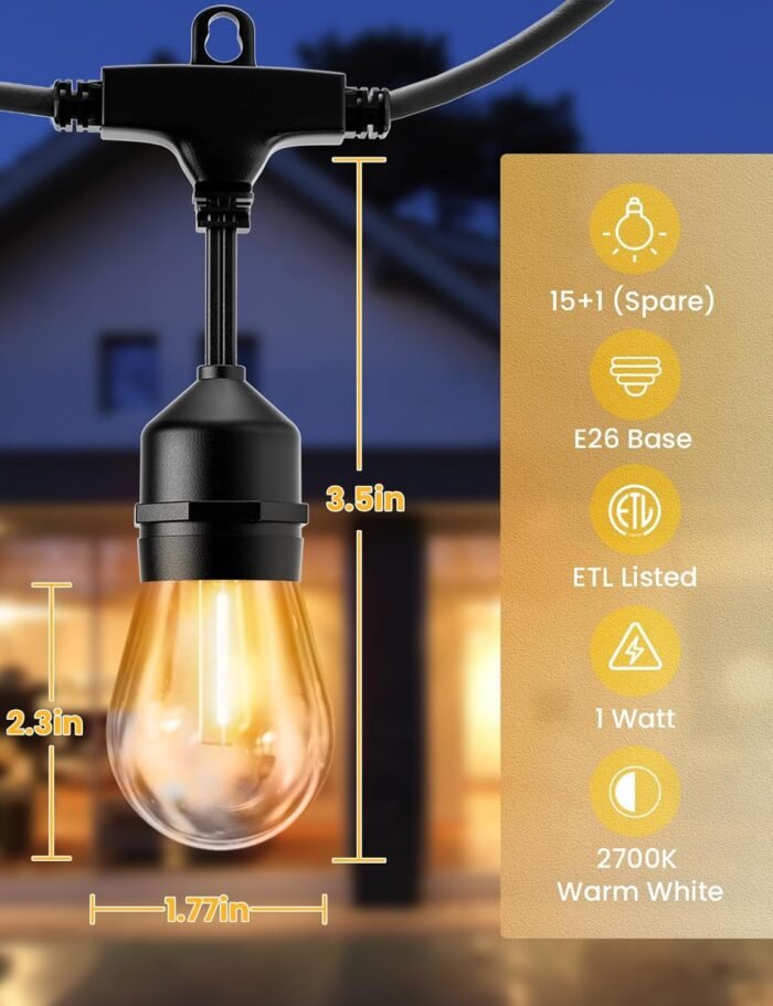 Svater Outdoor Led String Lights 50FT, Patio Lights with 16pcs S14 Shatterproof Bulbs, 1 Watt E26 Dimmable 2700K Warm White, IP65 Waterproof, Commercial Grade Lights - Image 4