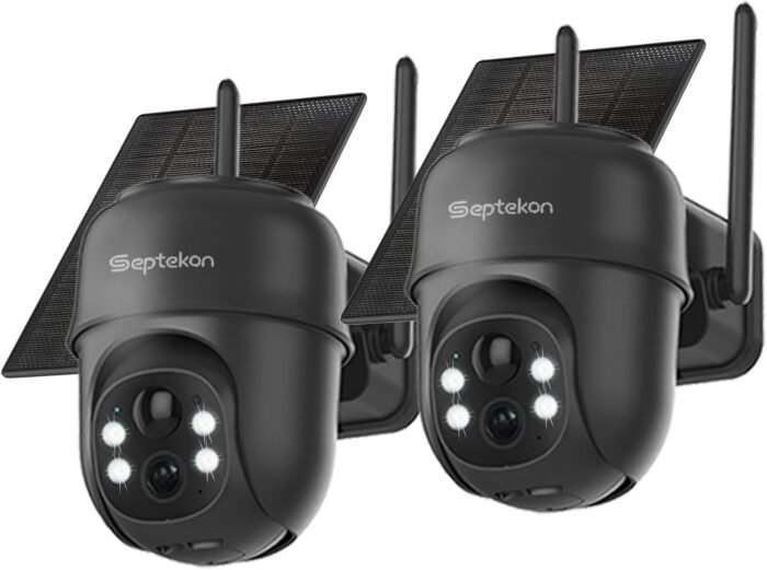 Septekon 2K Solar Security Cameras Wireless Outdoor 2 Pack, 360°PTZ Battery Powered Outdoor Camera, 2.4G WiFi Camera with Spotlight Color Night Vision, Motion Sensor Alarm, IP66, Black