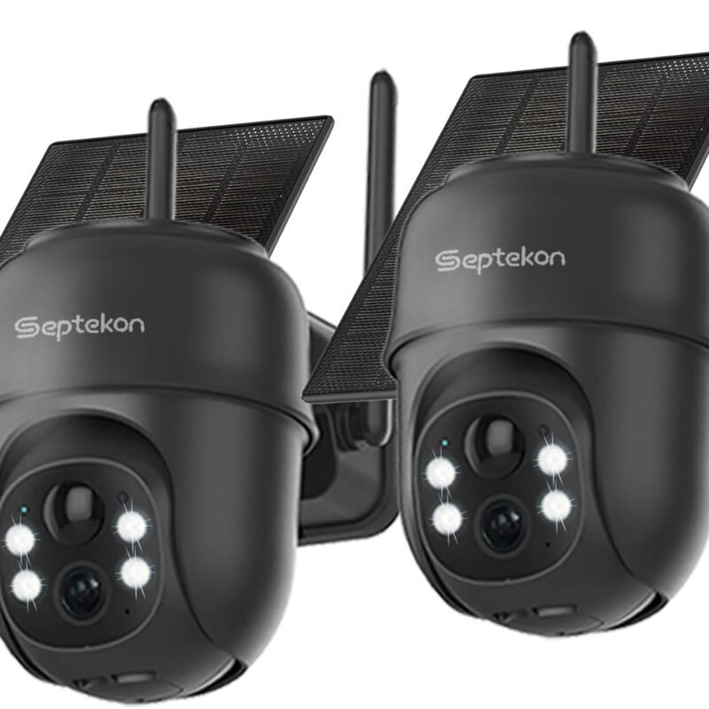 Septekon 2K Solar Security Cameras Wireless Outdoor 2 Pack, 360°PTZ Battery Powered Outdoor Camera, 2.4G WiFi Camera with Spotlight Color Night Vision, Motion Sensor Alarm, IP66, Black