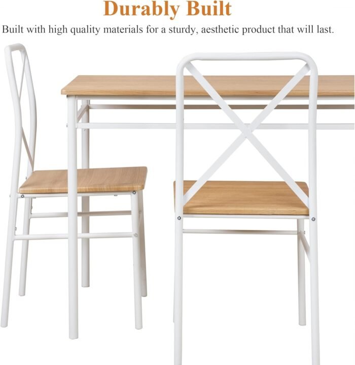 VECELO 5-Piece Kitchen Dining Table Set, Wood Tabletop & Heavy-Duty Metel Frame, Rectangle Dinette with 4 Chairs for Small Space, Breakfast Nook, Natural & White - Image 2