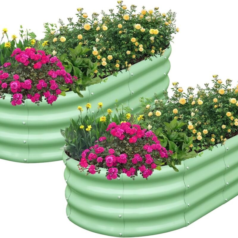 SnugNiture Galvanized Raised Garden Bed Outdoor, 2 Pcs 4x2x1ft Oval Metal Planter Box for Planting Plants Vegetables, Green