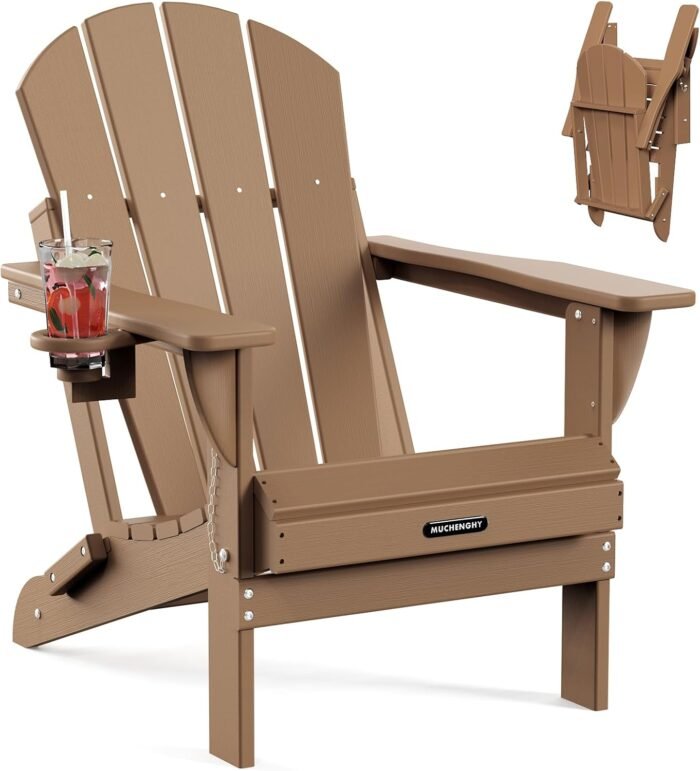 MUCHENGHY Folding Adirondack Chairs, Patio Chairs, Lawn Chairs, Outdoor Chairs, Adirondack Chair Plastic, Fire Pit Chairs, Weather Resistant with Cup Holder for Deck, Backyard, Garden(Teak)