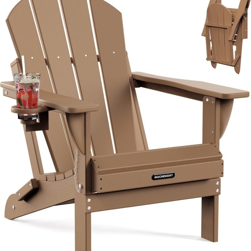 MUCHENGHY Folding Adirondack Chairs, Patio Chairs, Lawn Chairs, Outdoor Chairs, Adirondack Chair Plastic, Fire Pit Chairs, Weather Resistant with Cup Holder for Deck, Backyard, Garden(Teak)