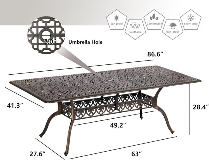 Grepatio Patio Dining Table - Outdoor Cast Aluminum Large Rectangular Table Weather-Resistant Table with 2" Umbrella Hole, People Party Lawn Backyard Garden Bronze, Blak 86.6"(L) x 59"(W) x 28.4"(H) - Image 3