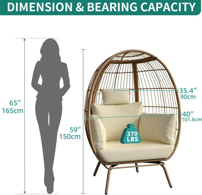 DWVO Oversized Egg Chair, Indoor Outdoor Egg Shape Wicker Chair for Patio, Backyard, Living Room, Basket Chair w/ 5 Cushions, 450lb Capacity, 40in Width, Steel Frame (Beige) - Image 3