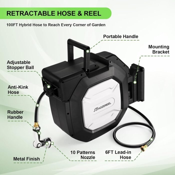 5/8" x 100 ft Heavy Duty Retractable Garden Hose Reel by HOZEREEL, Outdoor Garden Hose Reels - Self Retract Wall Mount Hose Reel Automatic Storage, Any Length Lock, 10 Pattern Nozzle - Image 2