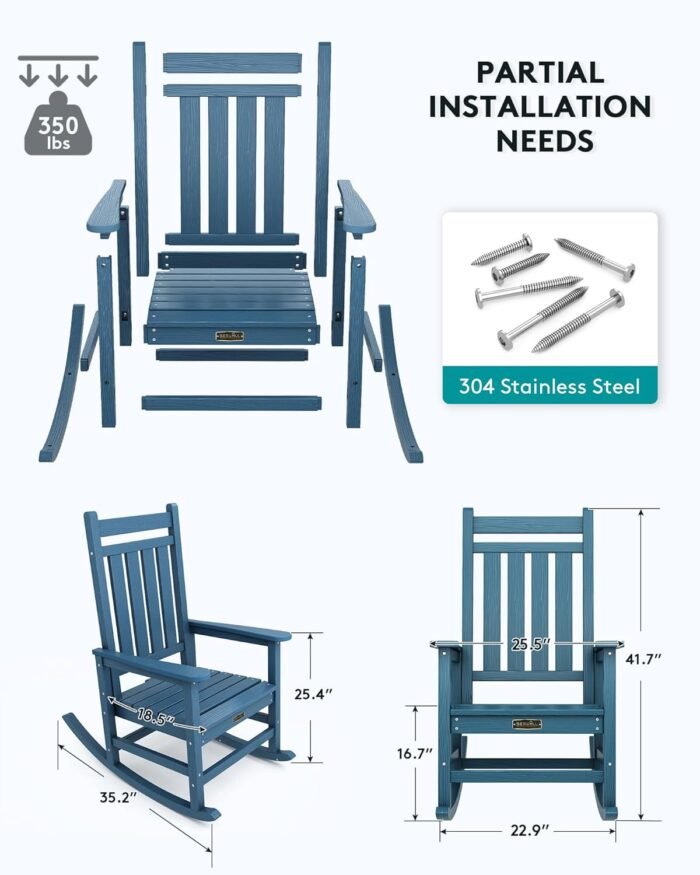 SERWALL HDPE Rocking Chair Set of 2, Outdoord Rocking Chairs for Adult, All Weather Porch Rockers for Lawn Garden, Navy - Image 3