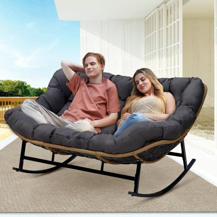 BULEXYARD Dark Grey Double Outdoor Rocking Papasan Chair, Oversized PE Wicker 2 Person Patio Rocking Egg Chair with Thick Cushion, Large Indoor Rocker Loveseat Chair