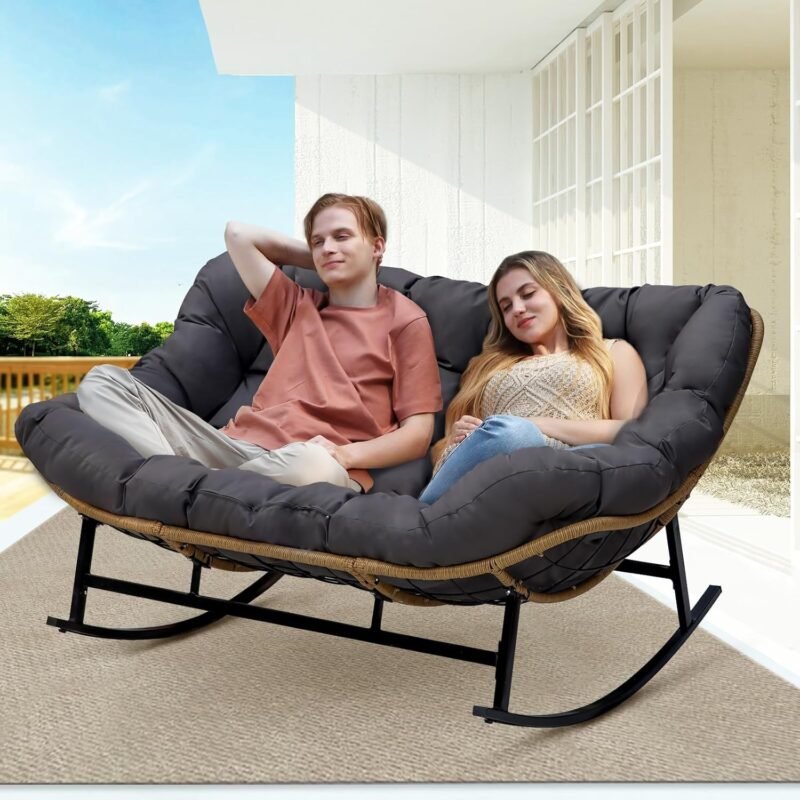 BULEXYARD Dark Grey Double Outdoor Rocking Papasan Chair, Oversized PE Wicker 2 Person Patio Rocking Egg Chair with Thick Cushion, Large Indoor Rocker Loveseat Chair