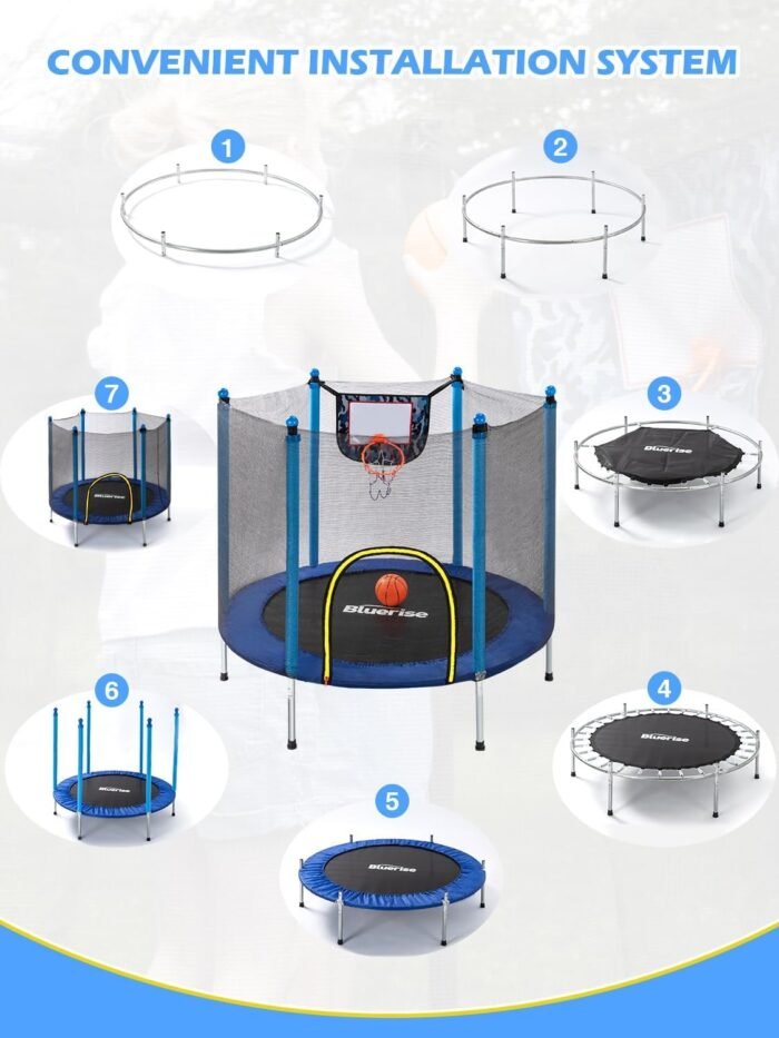 BLUERISE Trampoline 55IN 6FT Toddler Trampoline for Kids Indoor Outdoor Play for Kids Trampoline Basketball Hoop Attachment with Enclosure Net Easy to Assemble Outdoor Indoor Trampoline - Image 8