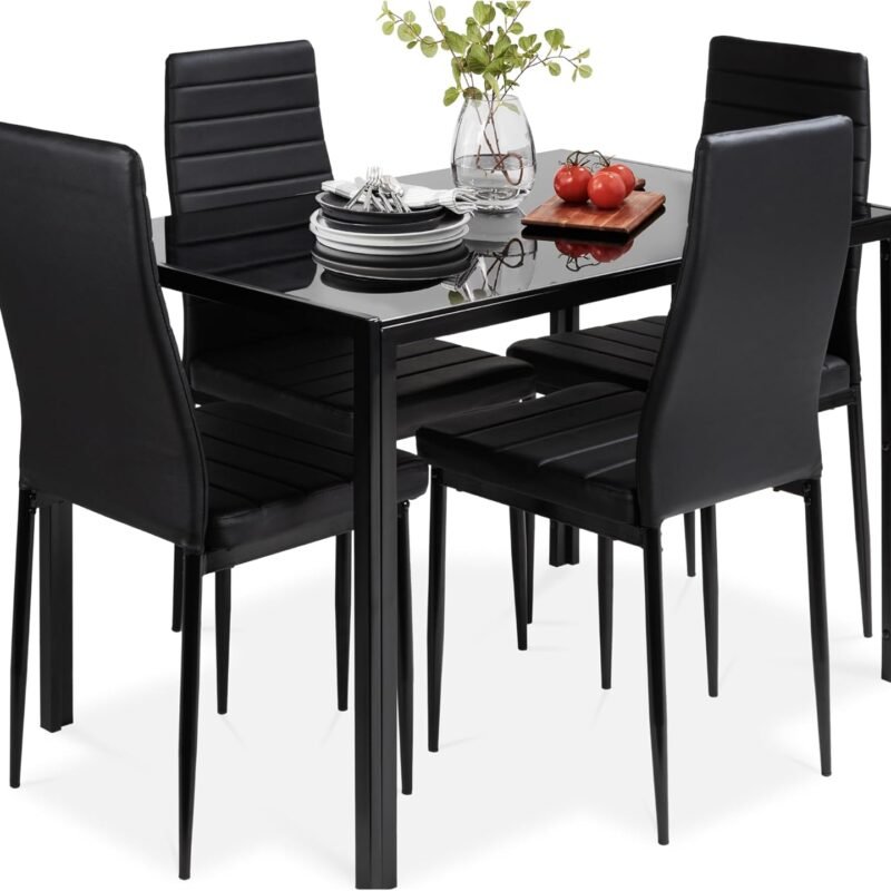 Best Choice Products 5-Piece Glass Dining Set, Modern Kitchen Table Furniture for Dining Room, Dinette, Compact Space-Saving w/Glass Tabletop, 4 Upholstered PU Chairs, Metal Steel Frame - Black