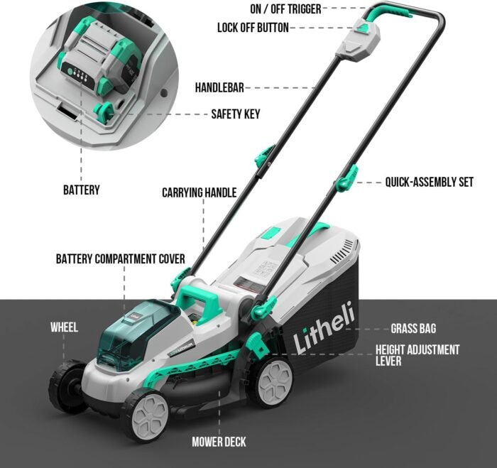 Litheli 20V 13" Cordless Lawn Mower, Electric Lawn Mowers for Garden, Yard and Farm, 5 Heights, with Brushless Motor, 4.0Ah Battery & Charger Included - Image 7