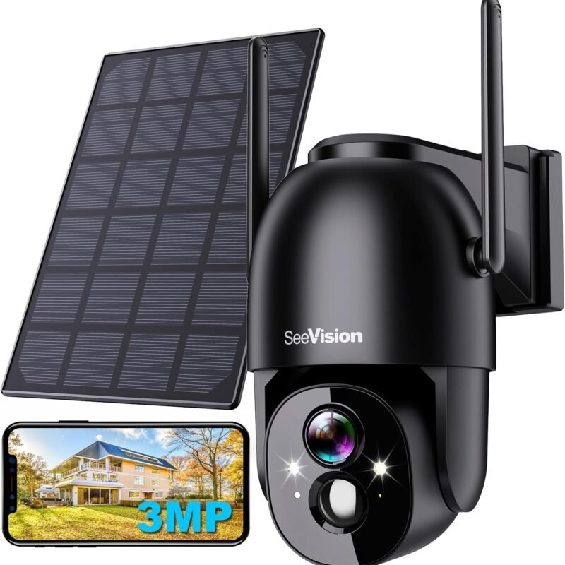 Solar Security Cameras Wireless Outdoor, 2K Battery Powered PTZ WiFi 3MP Security Camera for Home with Spotlight, PIR Motion Detection,Siren, Color Night Vision, 2-Way Talk, SD/Cloud Storage