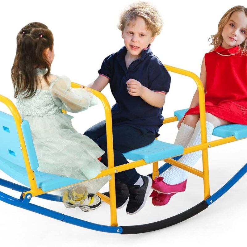 HONEY JOY Kids Seesaw Teeter Totter, 3-Person Heavy Duty Metal Playground Equipment for Backyard, Indoor Outdoor Rocking Fun for Toddlers Boys Girls Age 3-8, Teeter Totter for Kids Outdoor(Blue)