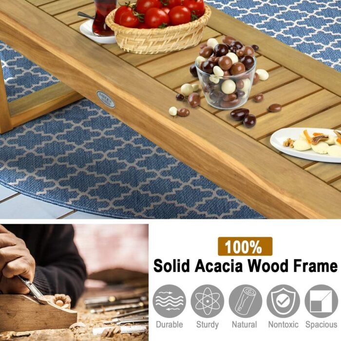 Tangkula 52 Inches Acacia Wood Outdoor Bench, Wood Bench for Dining Room Entryway Poolside Garden, Patio Backless Dining Bench with Slatted Seat, Ideal for Outdoors & Indoors (2, Teak) - Image 7