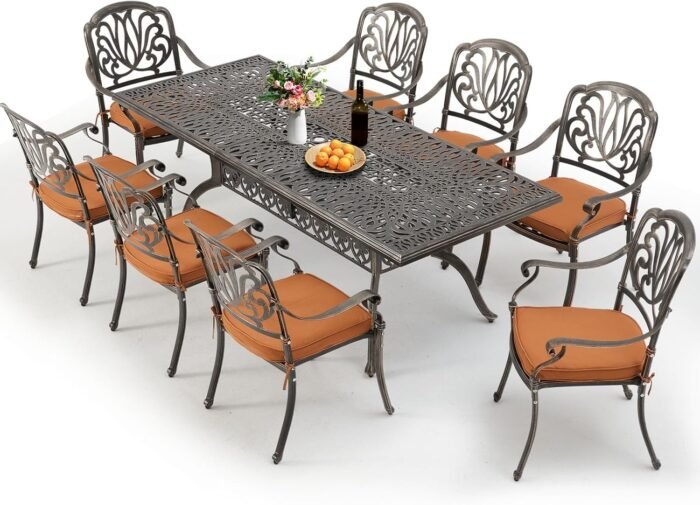 [Hi-End]All Aluminum Patio Furniture Set: 9-Piece Outdoor Dining Set with 8 Cushioned Dining Chairs,Metal Patio Furniture set,Rust-Free and Wind-Proof, 1 Rectangular Patio Table with Umbrella Hole - Image 7