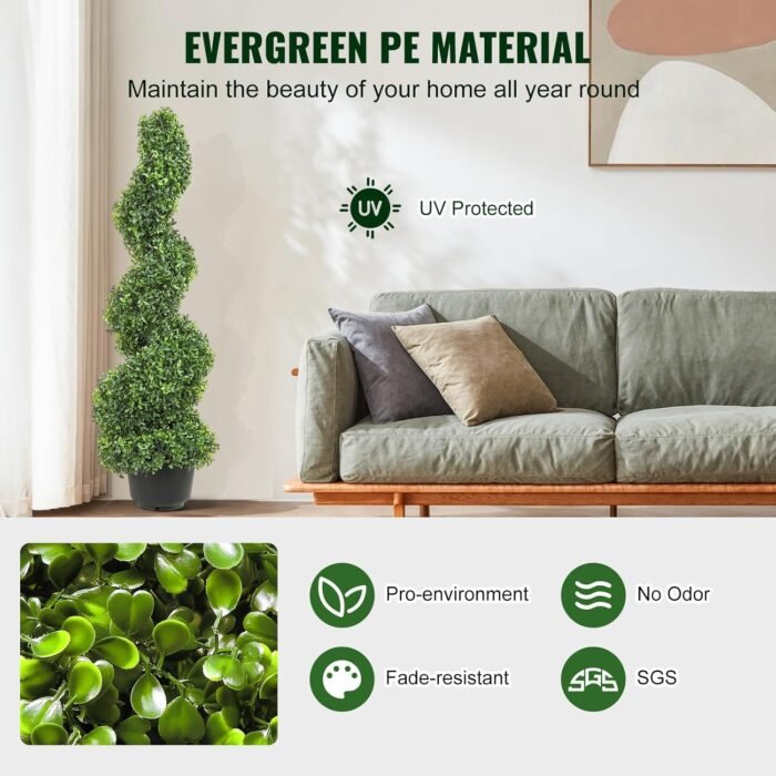 VEVOR Artificial Boxwood Spiral Topiary Trees, 4ft Tall (2 Pieces) Faux Plant Outdoor, All-Year Green Fake Plant with Replaceable Leaves for Decorative/Indoor/Porch/Garden - Image 3