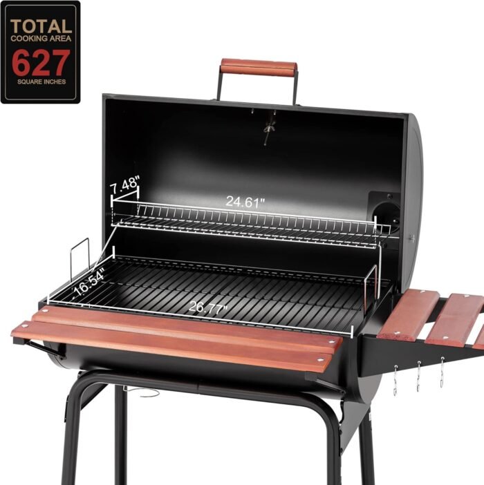 Royal Gourmet CC1830V 30 Barrel Charcoal Grill with Wood-Painted Side Front Table, 627 Square Inches Cooking Space, for Outdoor Backyard, Patio and Parties, Black - Image 6
