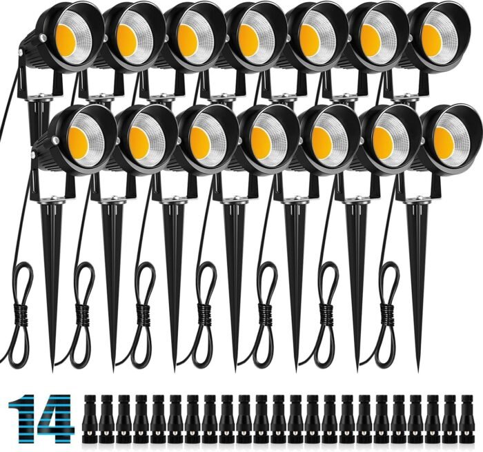 ZUCKEO 10W Low Voltage Landscape Lights LED Landscape Lighting with Connectors, 12V Outdoor Spotlights Yard Garden Pathway Lights, 1000LM Waterproof Warm White Light (14 Pack)