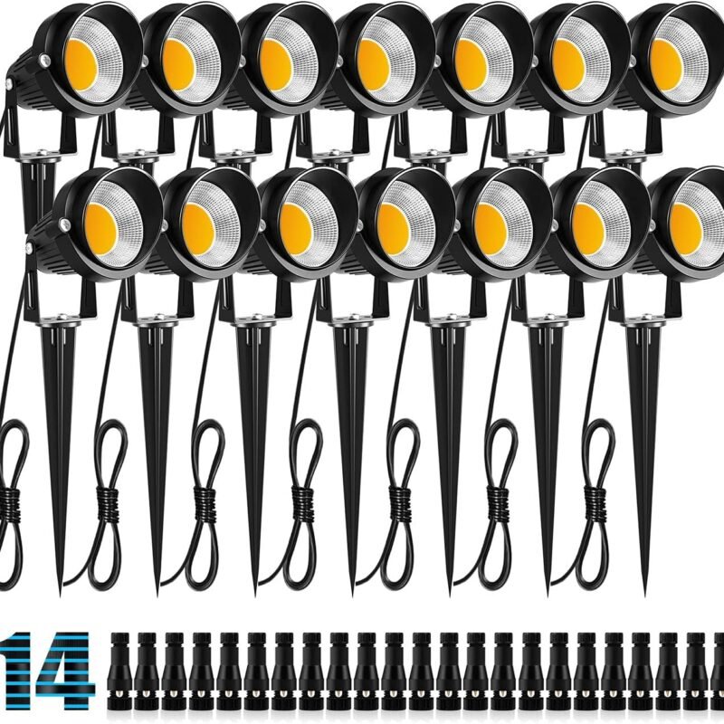 ZUCKEO 10W Low Voltage Landscape Lights LED Landscape Lighting with Connectors, 12V Outdoor Spotlights Yard Garden Pathway Lights, 1000LM Waterproof Warm White Light (14 Pack)