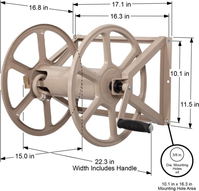 Liberty Garden 709 Steel Wall/Floor Mounted Hose Reel, Holds 200-Feet of 5/8-Inch Hose - Tan, 17.6 x 22 x 15 - Image 6