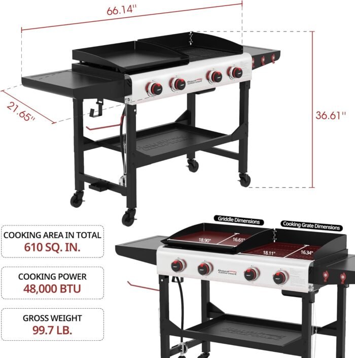 Royal Gourmet GD403 4-Burner Propane Gas Grill and Griddle Combo with Folding Legs, 48,000 BTUs, Portable Griddle Grill Combo for Outdoor Cooking While Camping or Tailgating, Black & Silver - Image 4