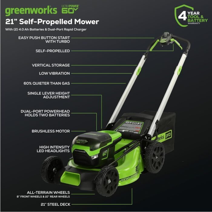 Greenworks 60V 21” Cordless (Self-Propelled) Lawn Mower (LED Lights + Aluminum Handles), 2 x 4.0Ah Batteries and Dual Port Rapid Charger - Image 2