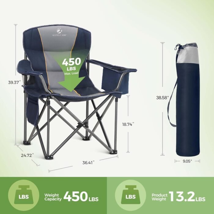 LET'S CAMP Folding Camping Chair Oversized Heavy Duty Padded Outdoor Chair with Cup Holder Storage and Cooler Bag, 450 LBS Weight Capacity, Thicken 600D Oxford,2 Pack - Image 3