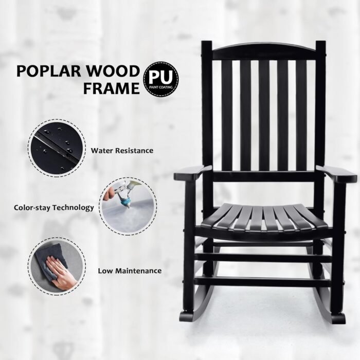 Wooden Rocking Chair Rocker Outdoor Oversized Porch Rocker Chair,Patio Wooden Rocker with High Back and Armrest,All Weather Rocker Slatted for Backyard,Garden,400 lbs Support,Black - Image 7