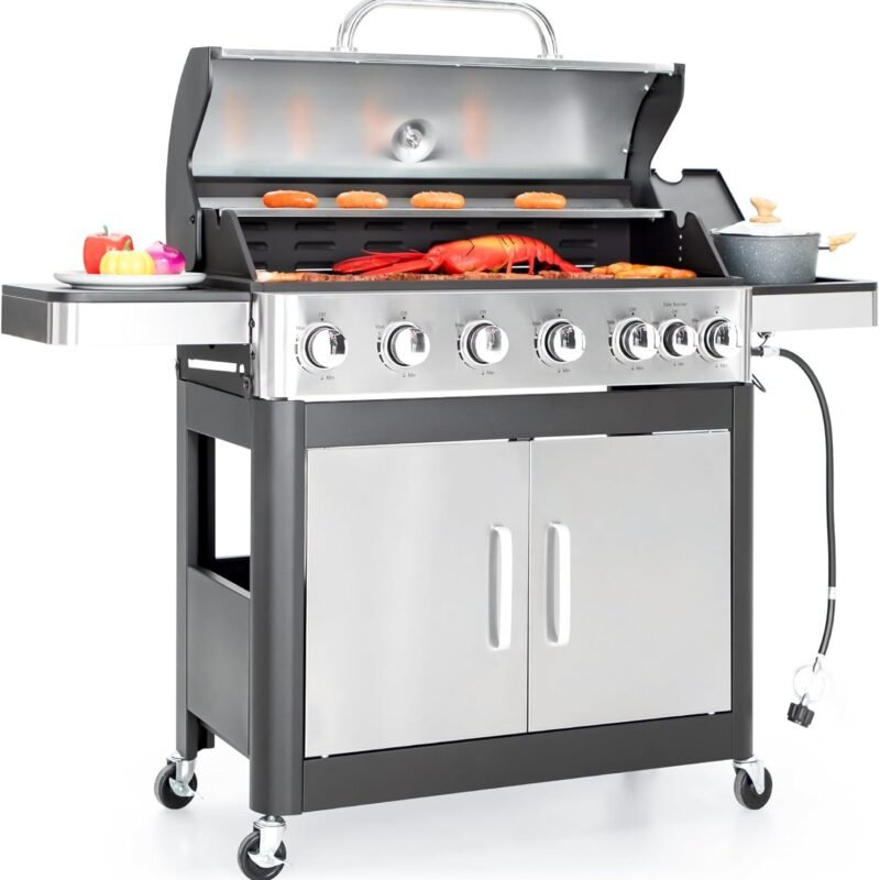 Captiva Designs 6-Burner Propane Gas BBQ Grill with Side Burner & Porcelain-Enameled Cast Iron Grate for Outdoor Kitchen & Backyard Barbecue, 65,800 BTU Output,665 SQ.IN. Cooking Area,Stainless Steel