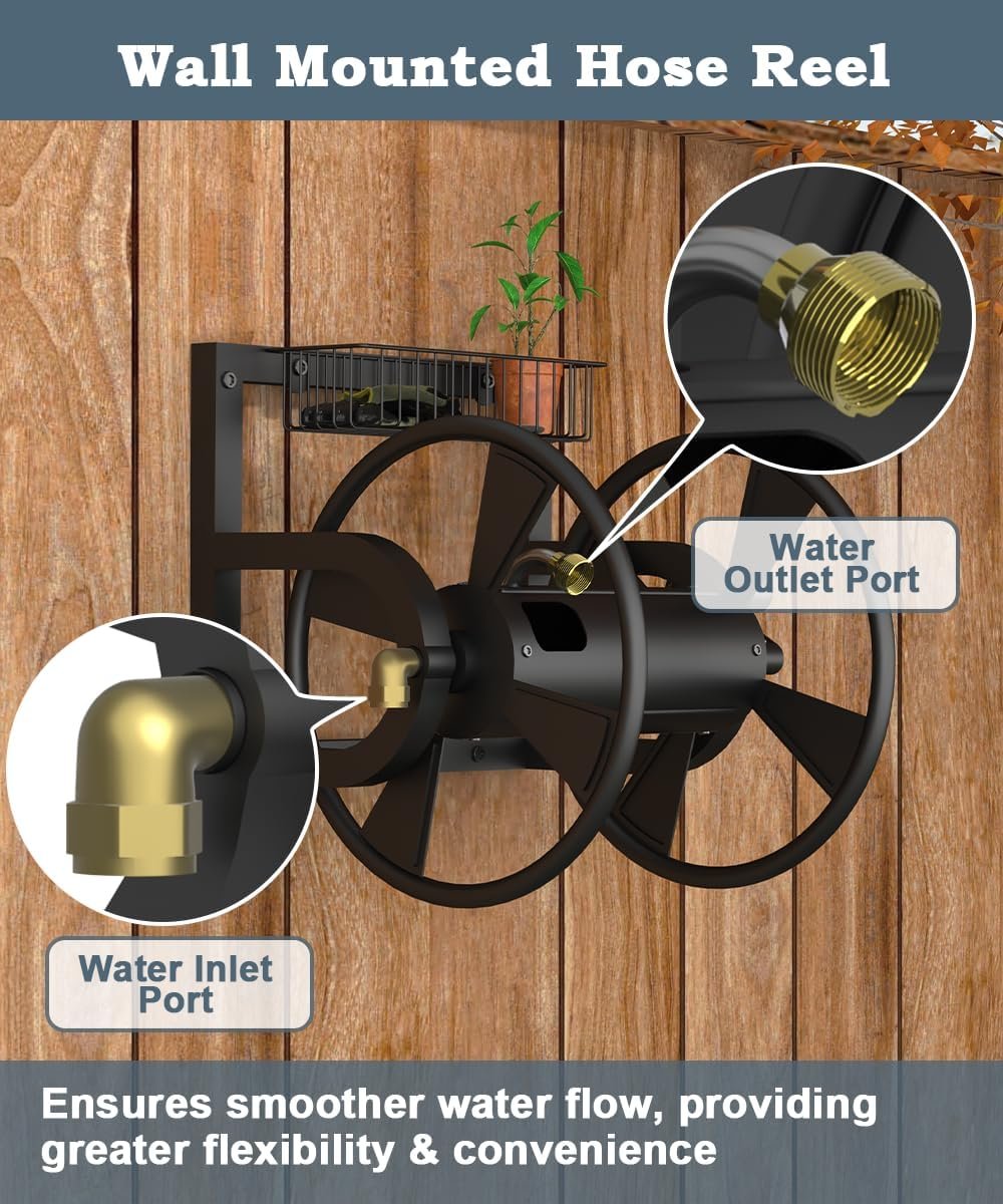 Outdoor Garden Hose Reel Wall Mount, Heavy-Duty Water Hose Holder Winder with 3.9 ft Leader Hose, Brass Fitting and Storage Basket for Yard, Holds 125 Feet of 5/8-Inch Hose, Black - Image 7