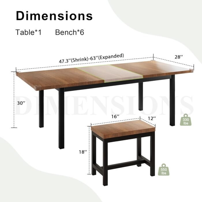 Feonase 7-Piece Dining Table Set with 6 Stools, 63" Large Extendable Kitchen Table Set for 4-8, Mid-Century Dining Room Table with Heavy-Duty Frame, Easy Assembly, Walnut - Image 2