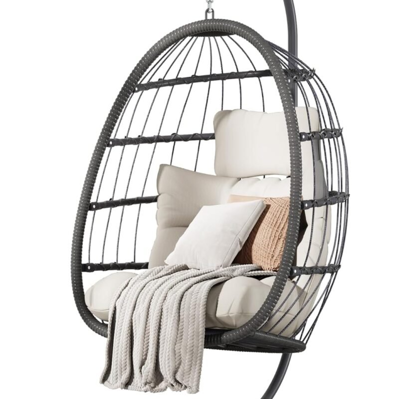 HWB Hanging Egg Chair with Stand, Patio Wicker Hammock Egg Swing Chair with Cushion for Bedroom Garden Indoor Outdoor (Beige)