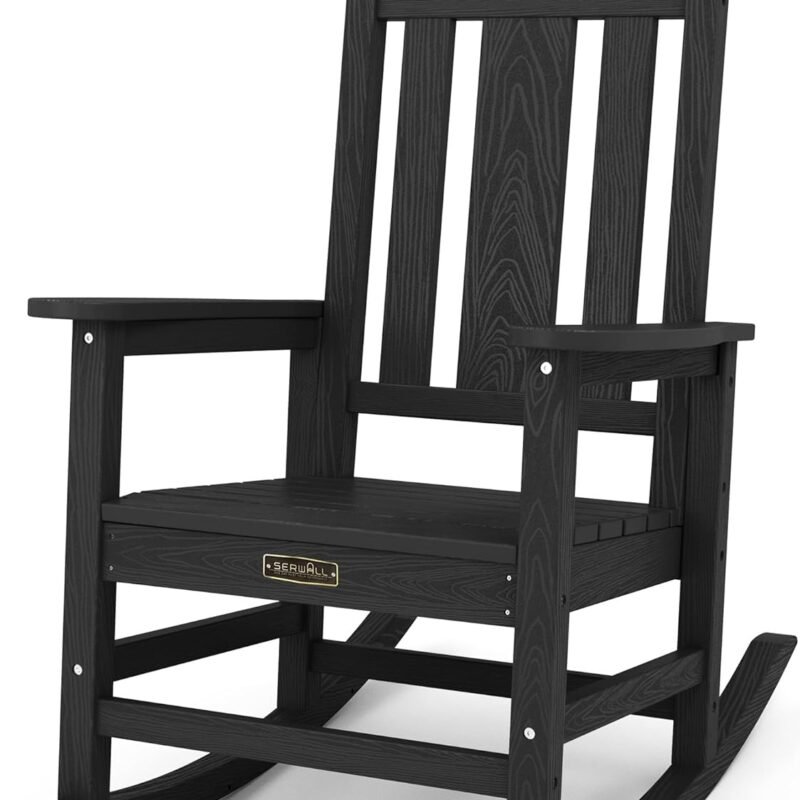 SERWALL Outdoor Rocking Chair, All Weather Patio Rocking Chair, HDPE Poly Rocking Chair for Adults, Heavy Duty Front Porch Rocker, Black