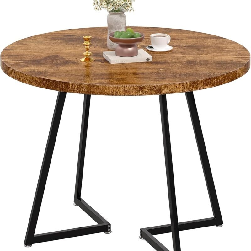 VECELO 35" Round Dining Table for 4, Wood-Grain Tabletop & Heavy-Duty Steel Frame, for Kitchen, Living Room, Easy Assembly, Antique Brown