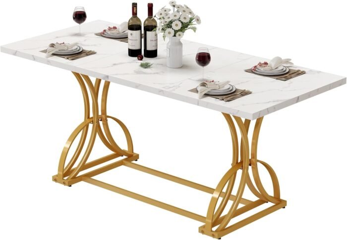 DWVO 70.3" Large Modern Dining Table for 6-8 People Rectangular White Kitchen Dining Room Table with Faux Marble Tabletop and Gold Geometric Metal Legs Farmhouse Wood Dinner Tables, White and Gold - Image 7
