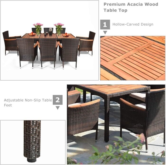 Tangkula 9 Piece Outdoor Dining Set, Garden Patio Wicker Set w/Cushions, Furniture with Acacia Wood Table and Stackable Armrest Chairs - Image 7